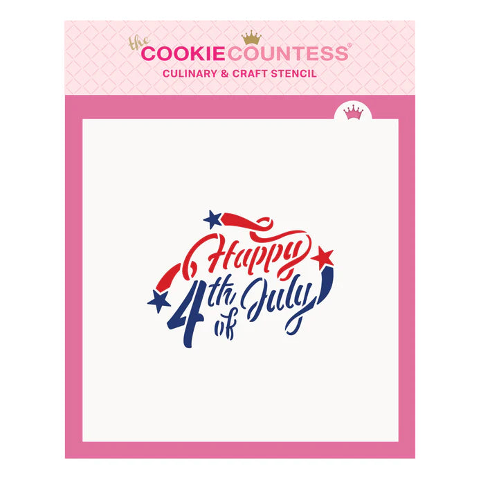 Happy 4th of july 2pc stencil with pink border red and navy blue cursive lettering and decorative stars by cookie countess