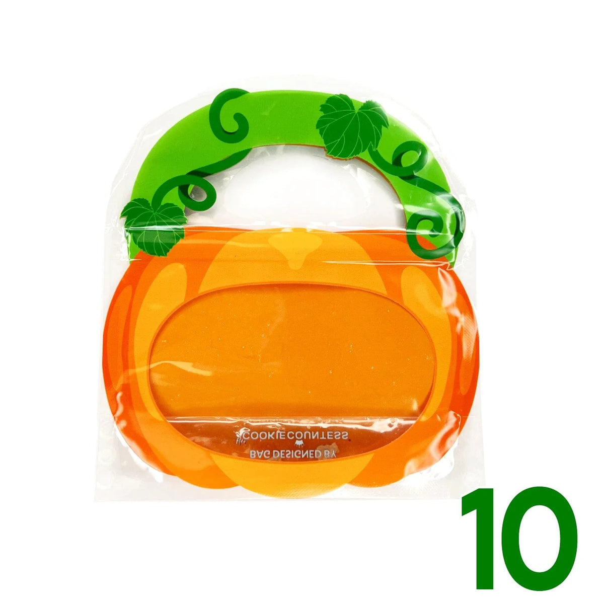 Orange pumpkin cookie snack bag with green vine handle and leaf details pack of 10 bags for seasonal treats