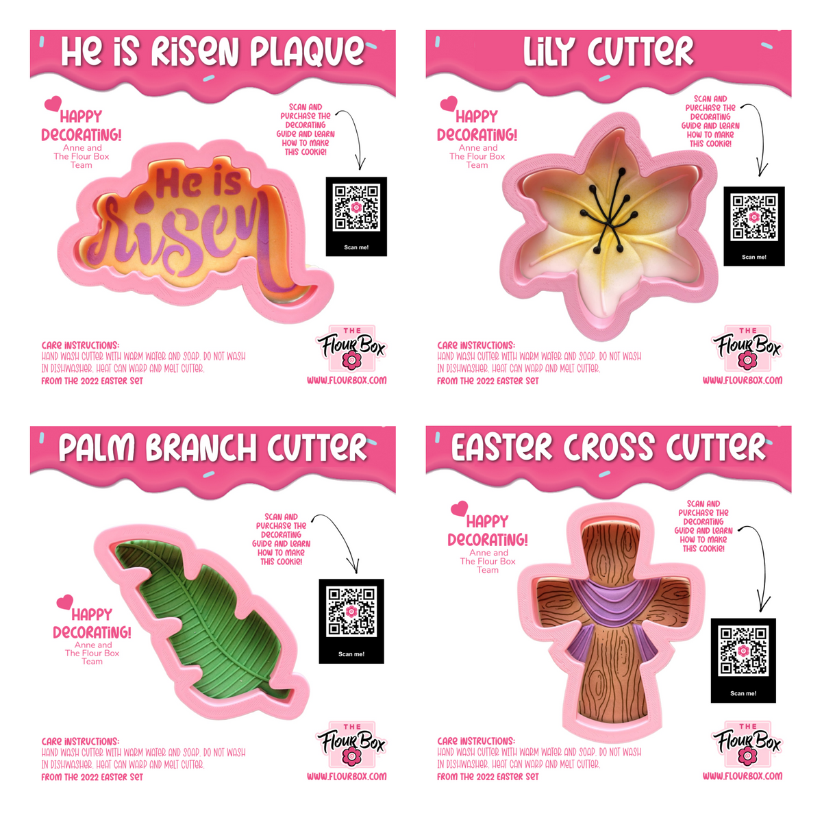 Pink silicone lily-shaped cookie cutter from he is risen cookie cutter set with yellow and white petals