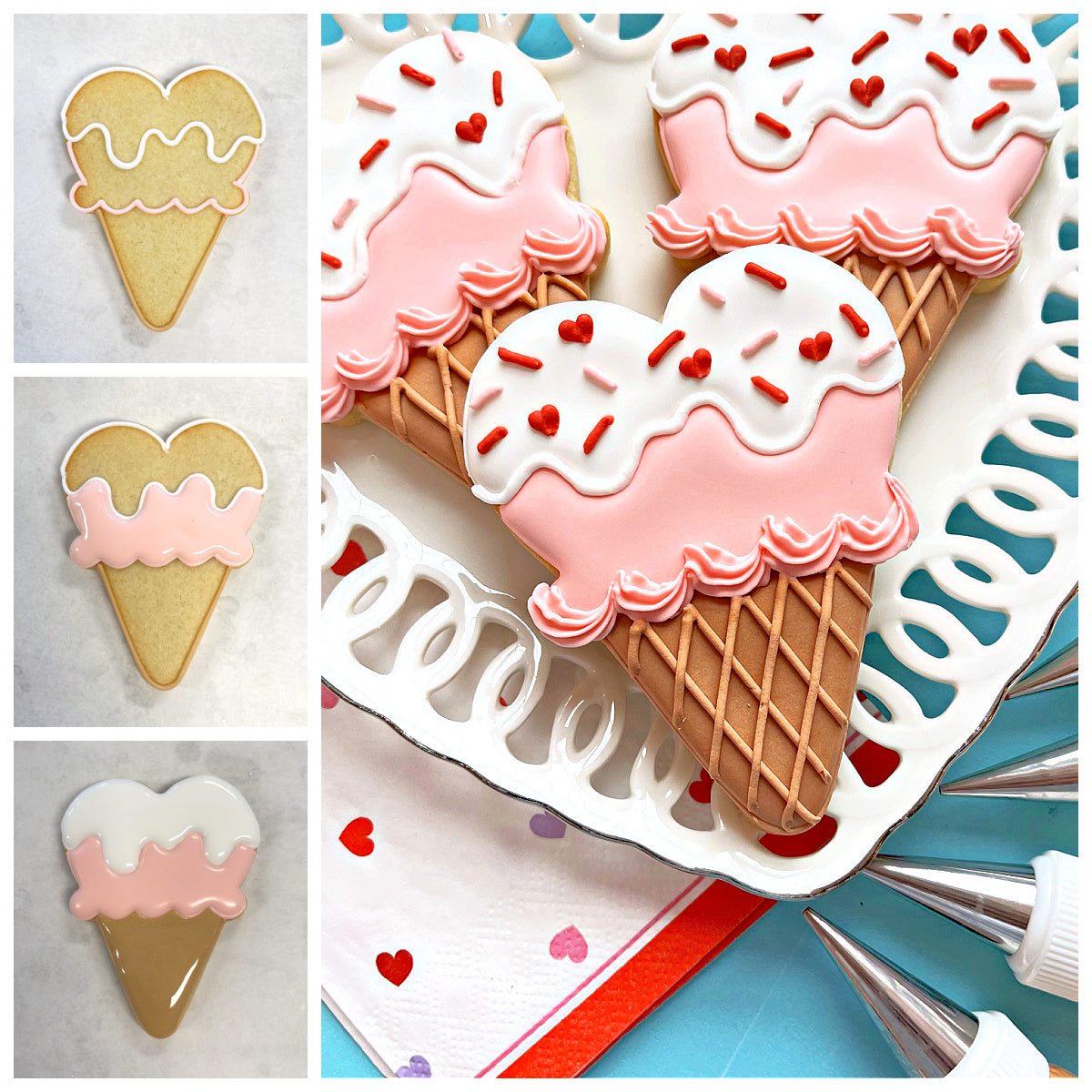 Pink and white frosted heart ice cream cone cookies with red heart sprinkles made using heart ice cream cone cookie cutter