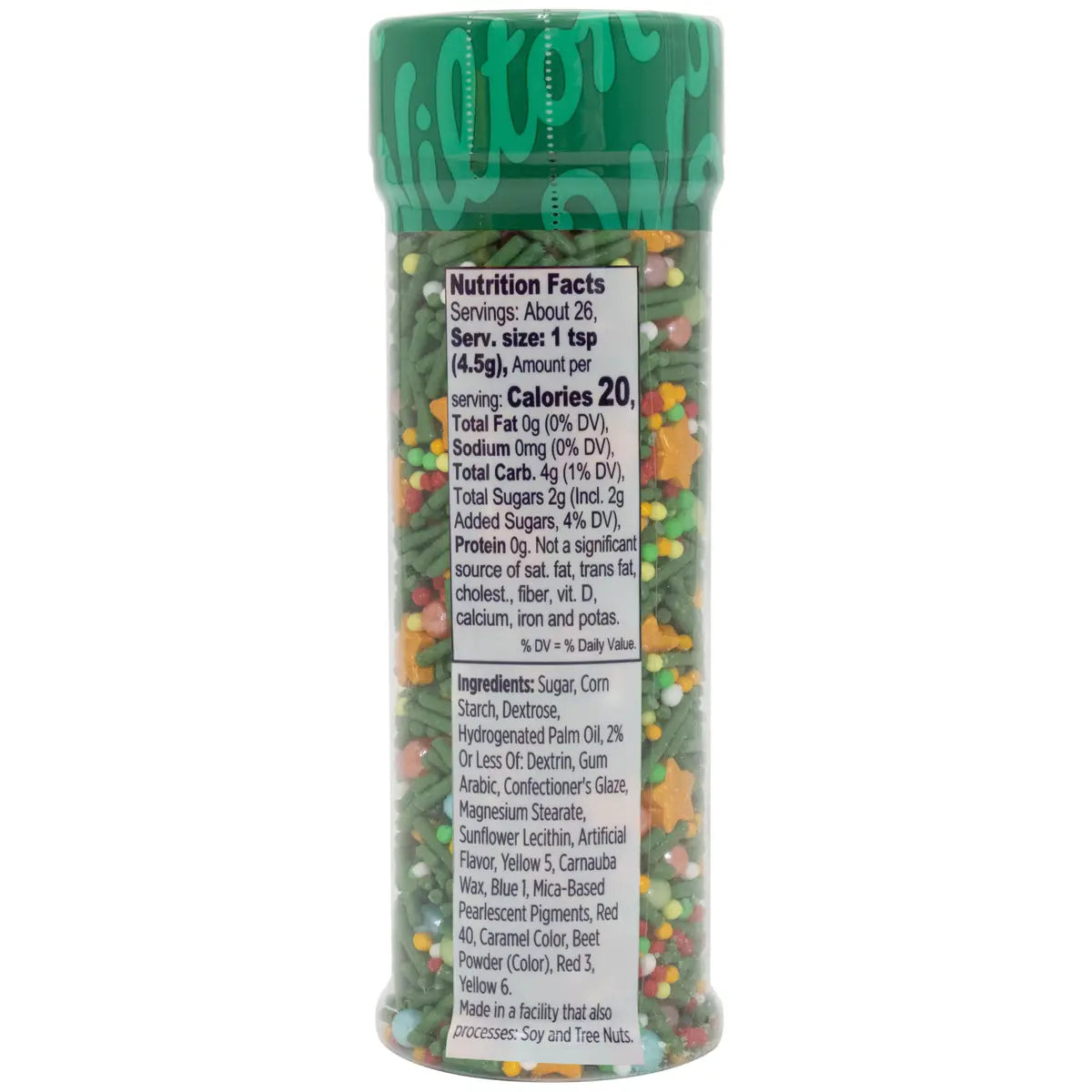 A clear plastic container with a green lid filled with colorful rainbow sprinkles under the christmas tree sprinkle mix