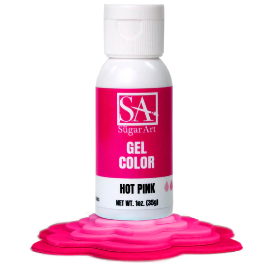 A vibrant hot pink gel color bottle from The Sugar Art with a white cap and 1 oz net weight label