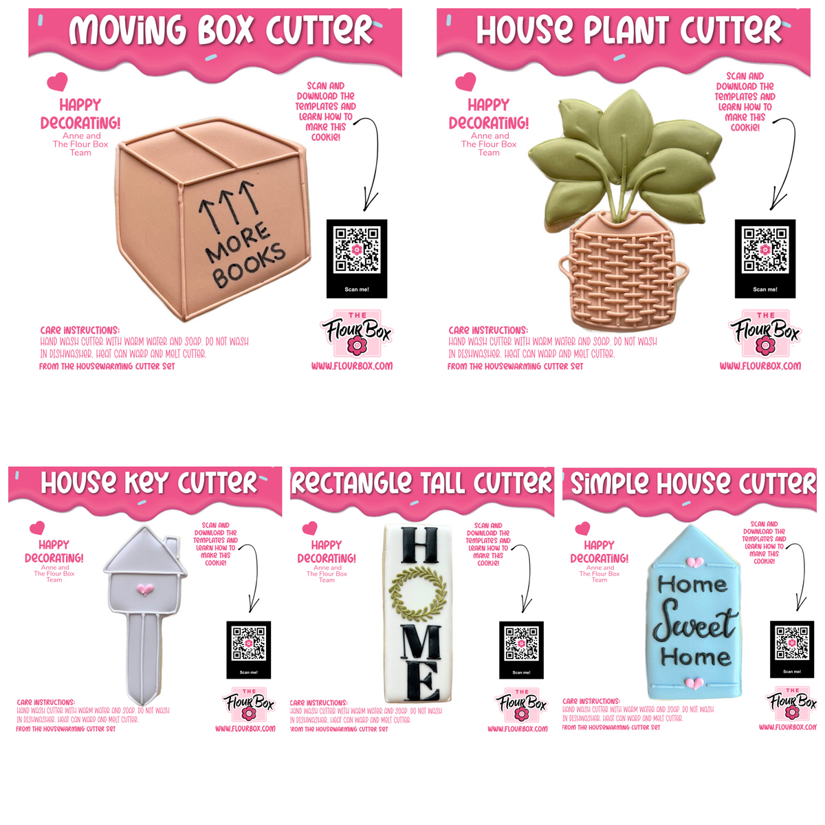 Brown cardboard housewarming cookie cutter set box cutter with black arrows and more books print on side
