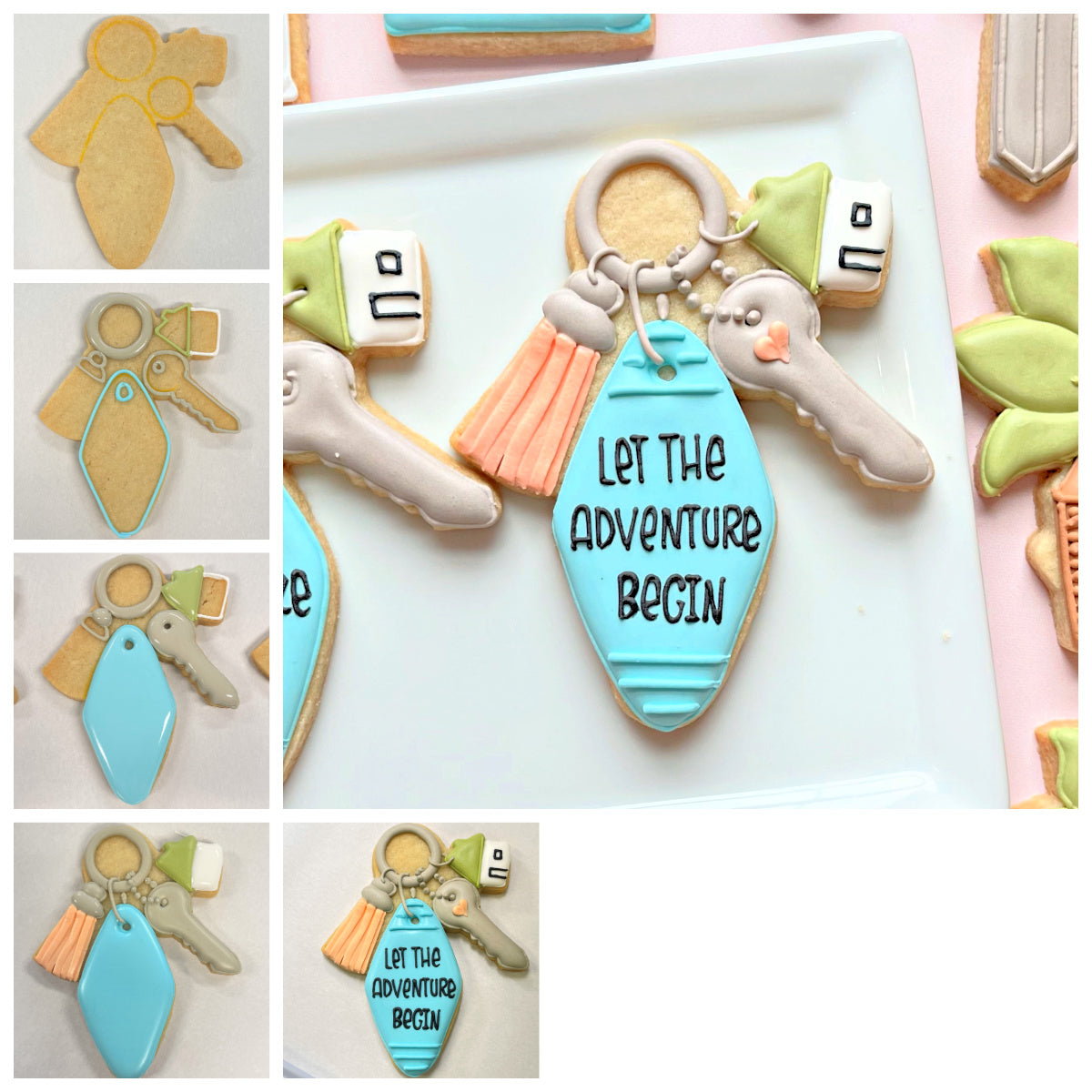 A light blue glossy keychain shaped cookie with let the adventure begin in black icing housewarming key ring cookie cutter