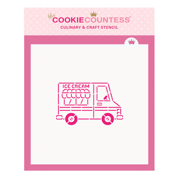 Pink ice cream truck pyo stencil by cookie countess made for cookie decorating and baking crafts