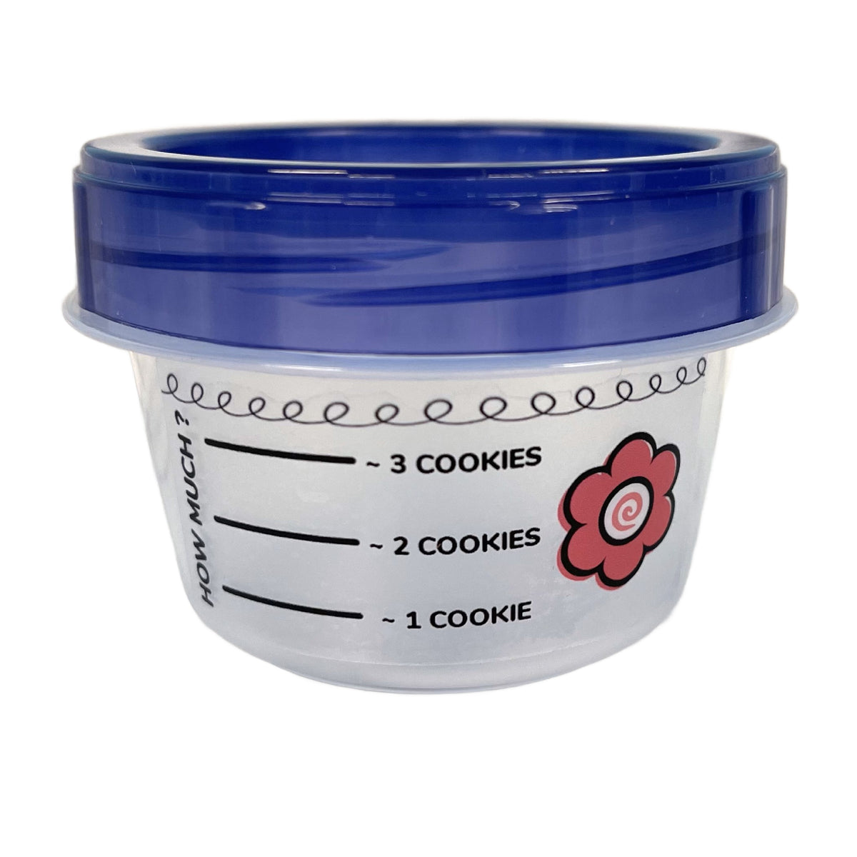 Flour box small clear plastic cookie jar with blue lid pink flower design and measurement markings for portion control