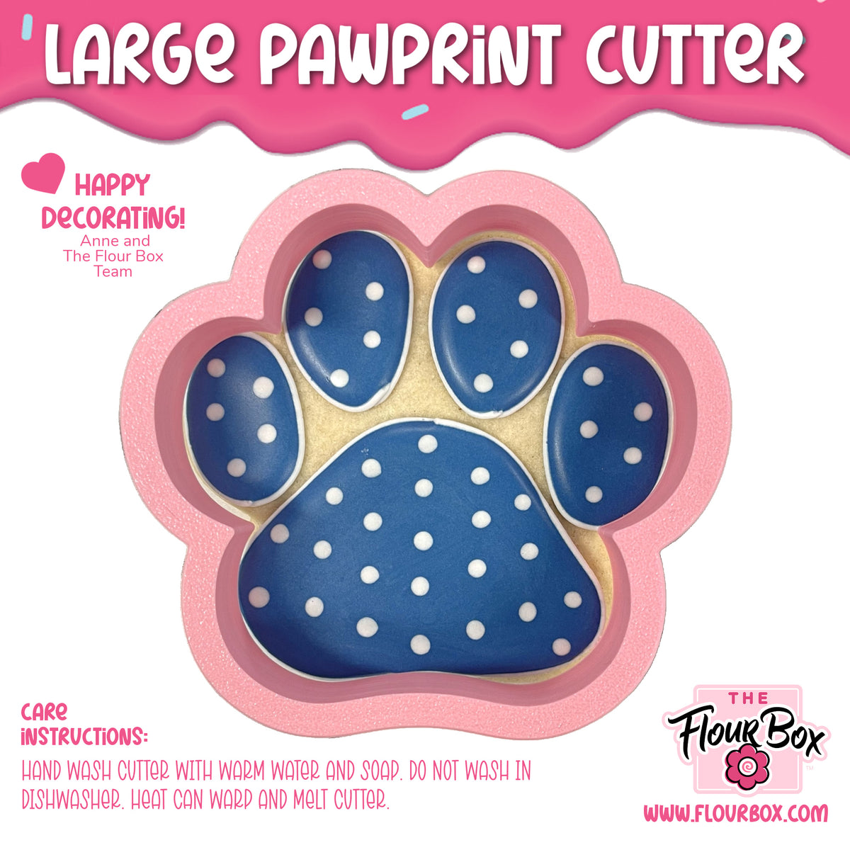 Pink and blue pawprint large cookie cutter with white polka dots for baking and crafting purposes