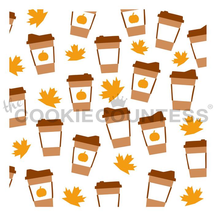 Brown coffee cups with orange pumpkin decals and lids scattered among yellow leaves fall stencil bundle design