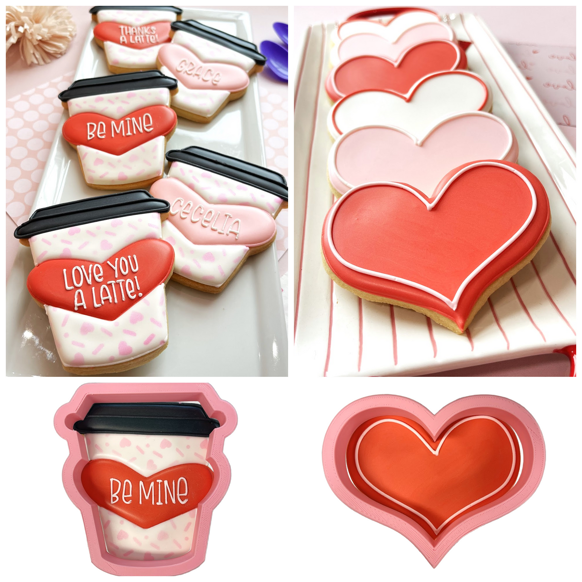 Pink silicone latte heart cookie cutter bundle featuring coffee cup be mine and heart shape designs for baking