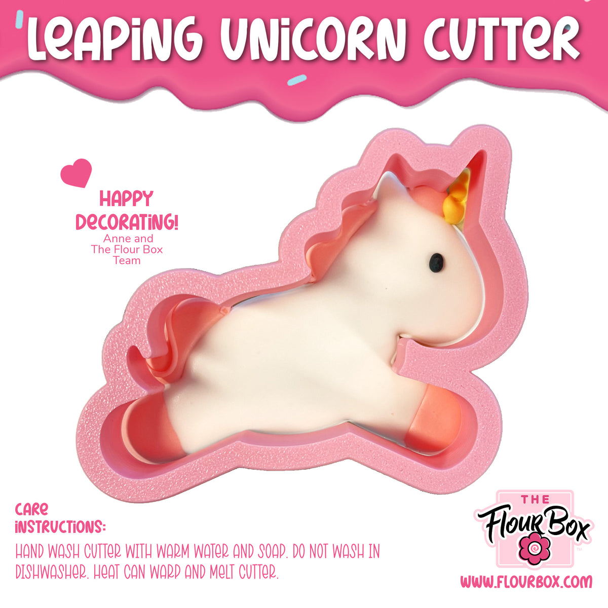Leaping unicorn cookie cutter made of pink silicone with white interior and orange hooves and horn for baking