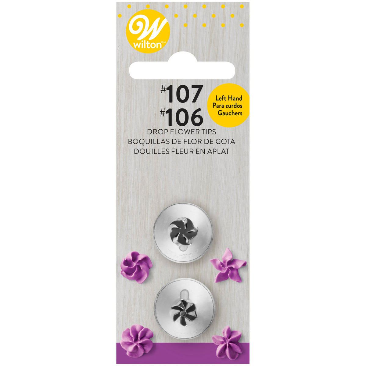 Left handed 2pc drop flower tip set with silver metal tips number 107 and 106 for cake decorating