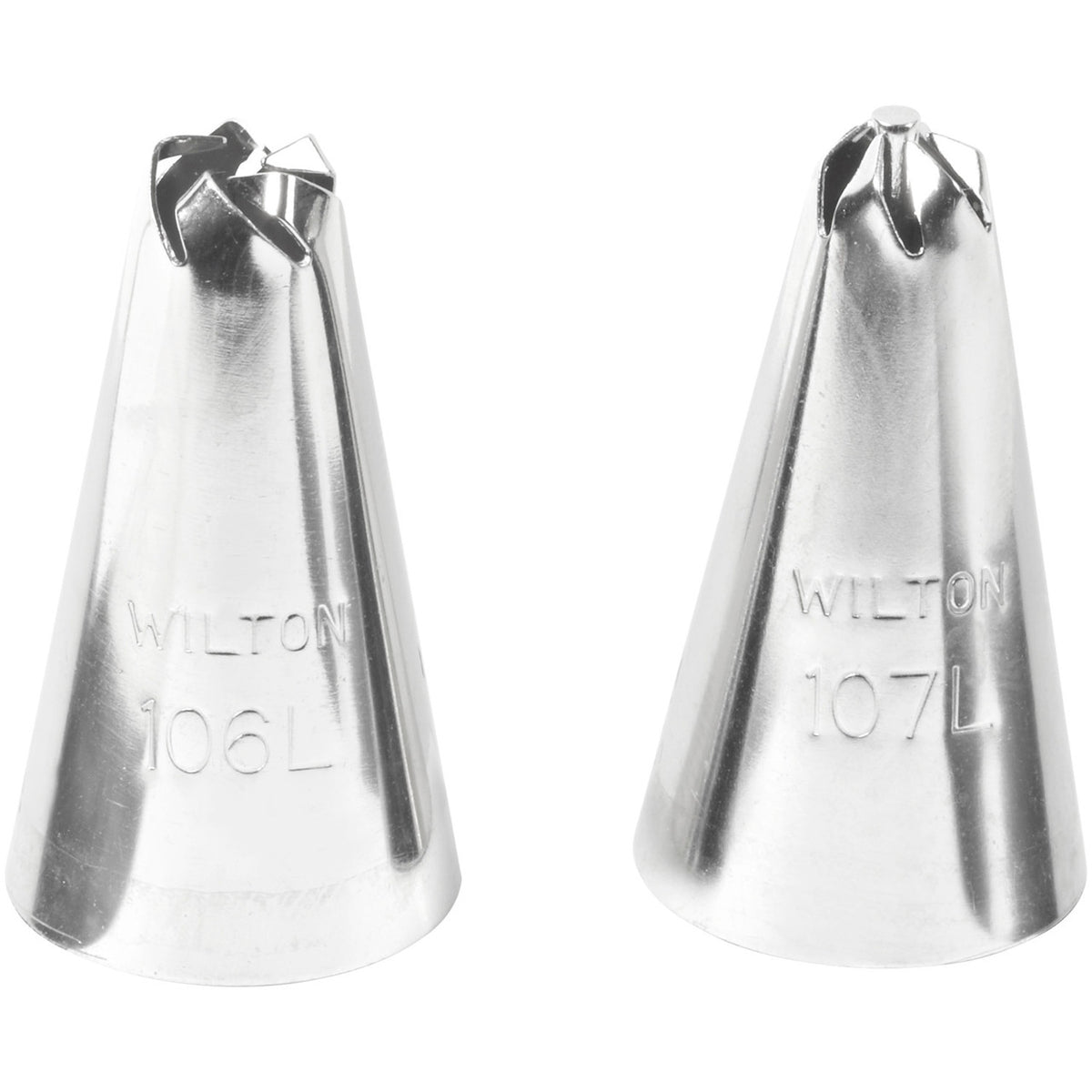 Left handed 2pc drop flower tip set with two silver metal wilton piping tips model 106l and 107l with star nozzles