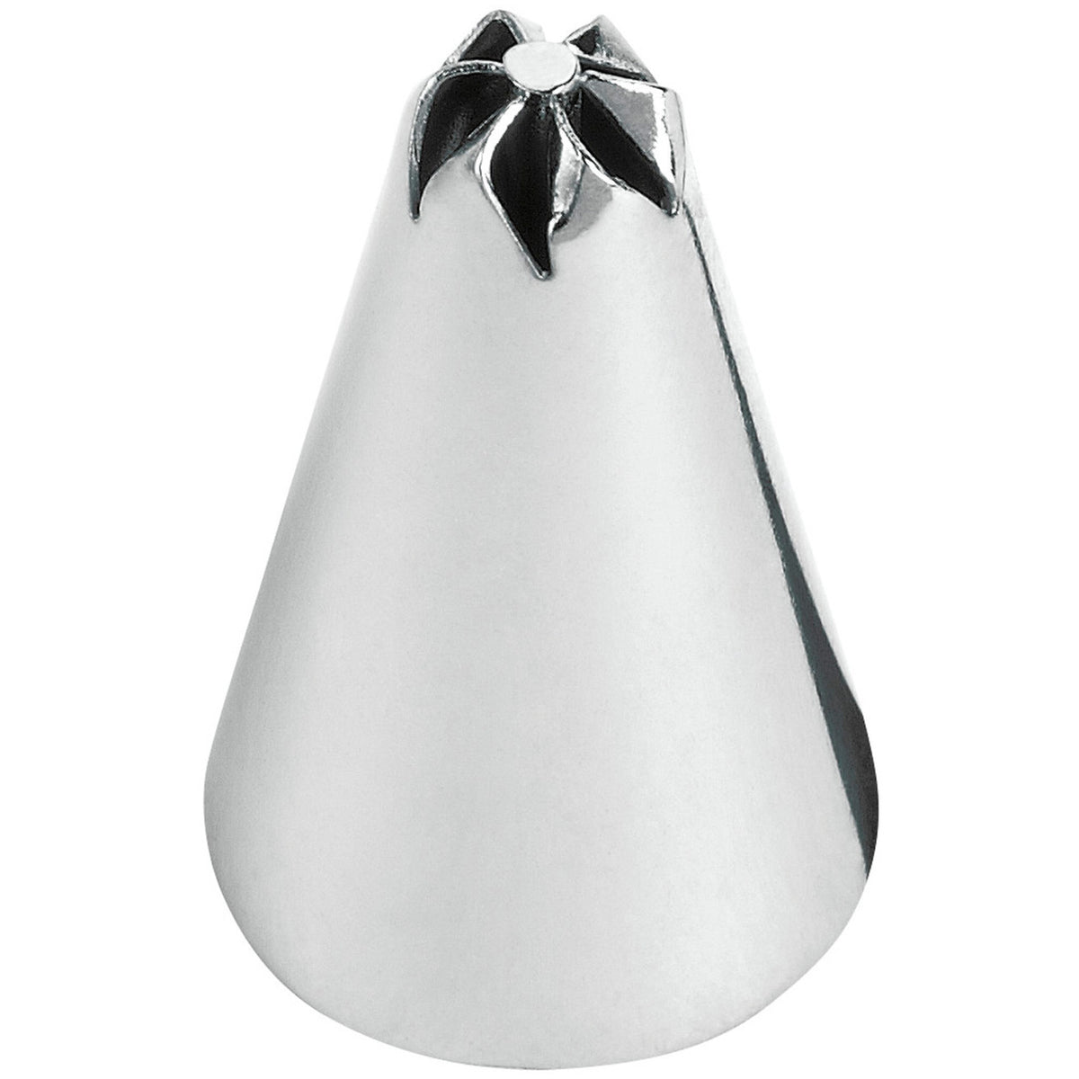 Silver star-shaped piping tip with polished metallic finish and pointed petals in left handed 2pc drop flower tip set