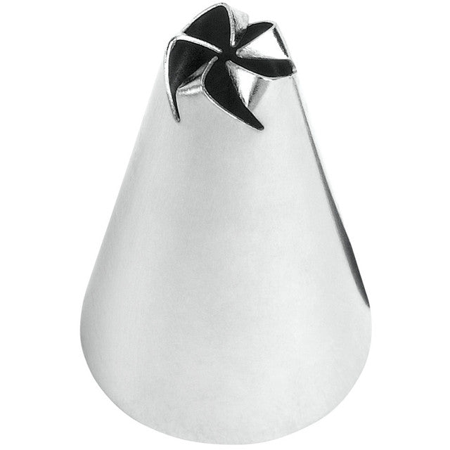 Silver star shaped piping tip with black accents in left handed 2pc drop flower tip set for cake decorating