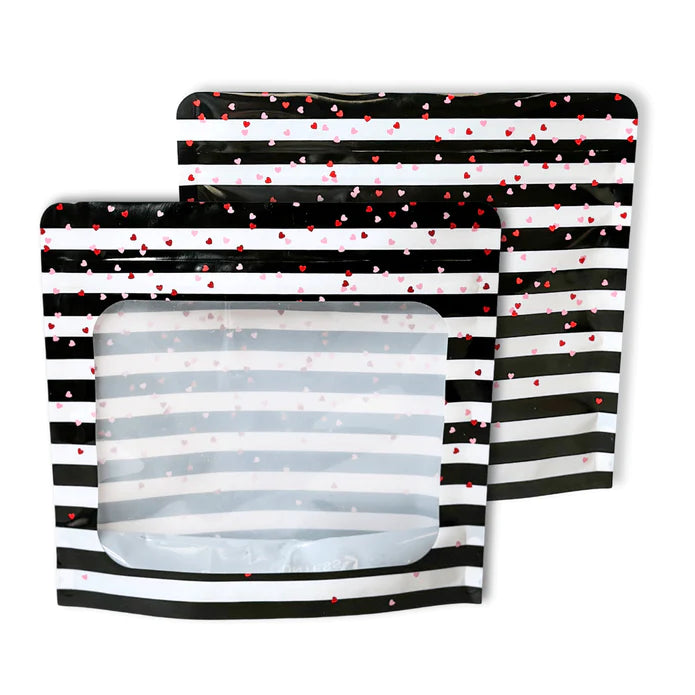 Love cookie bag 10 bags black and white striped resealable pouches with clear window and red and pink glitter hearts