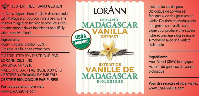 Lorann organic madagascar vanilla extract 4 oz clear liquid in glass bottle with white label and vanilla bean illustrations