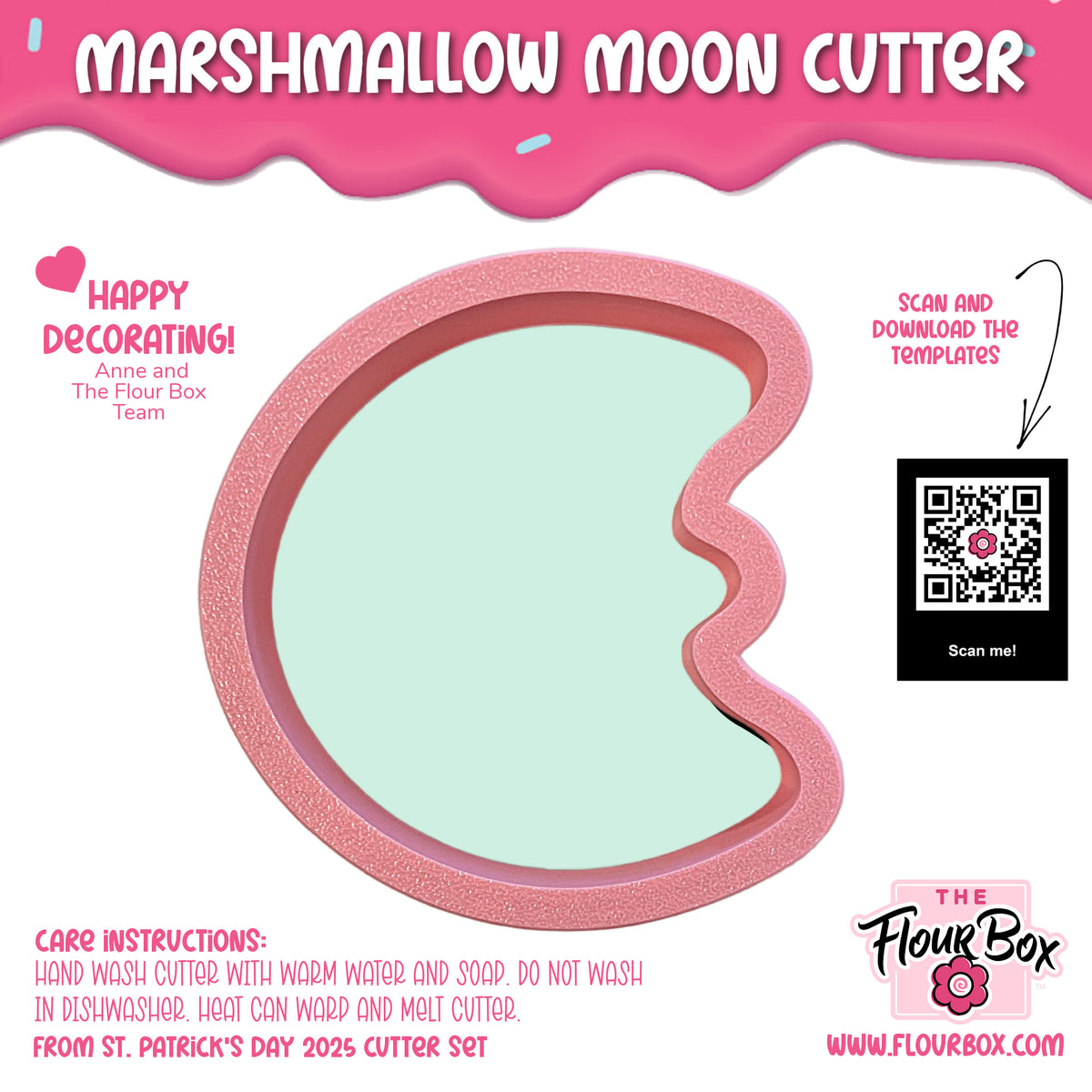 Pink glittery marshmallow moon cookie cutter with smooth rounded crescent shape for baking and crafting