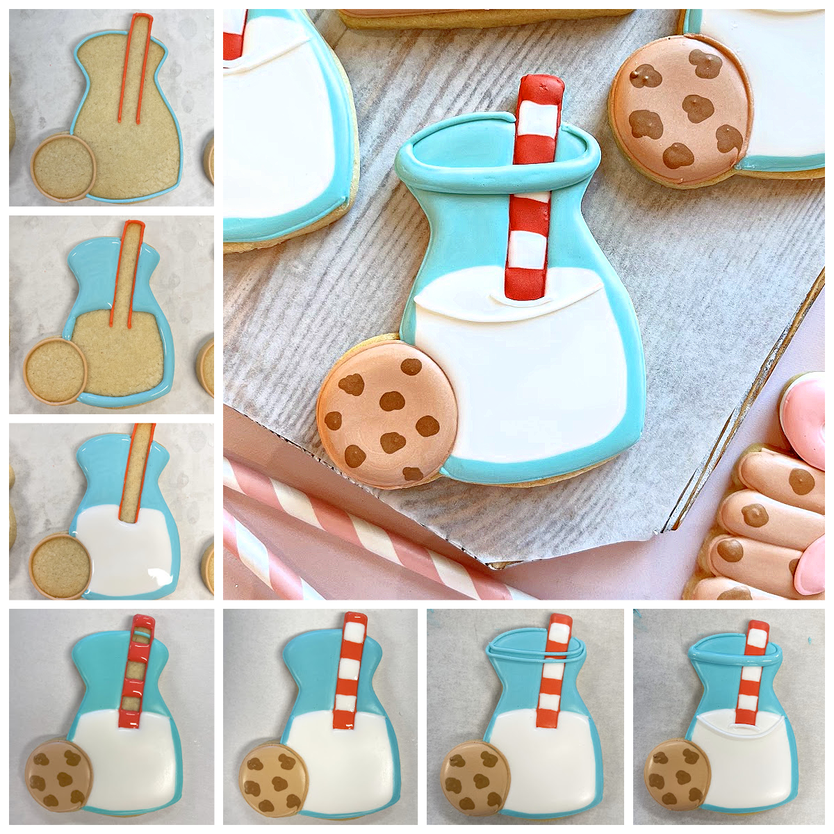 A light blue frosted milk bottle cookie with white icing and a red striped candy stick, next to a chocolate chip cookie