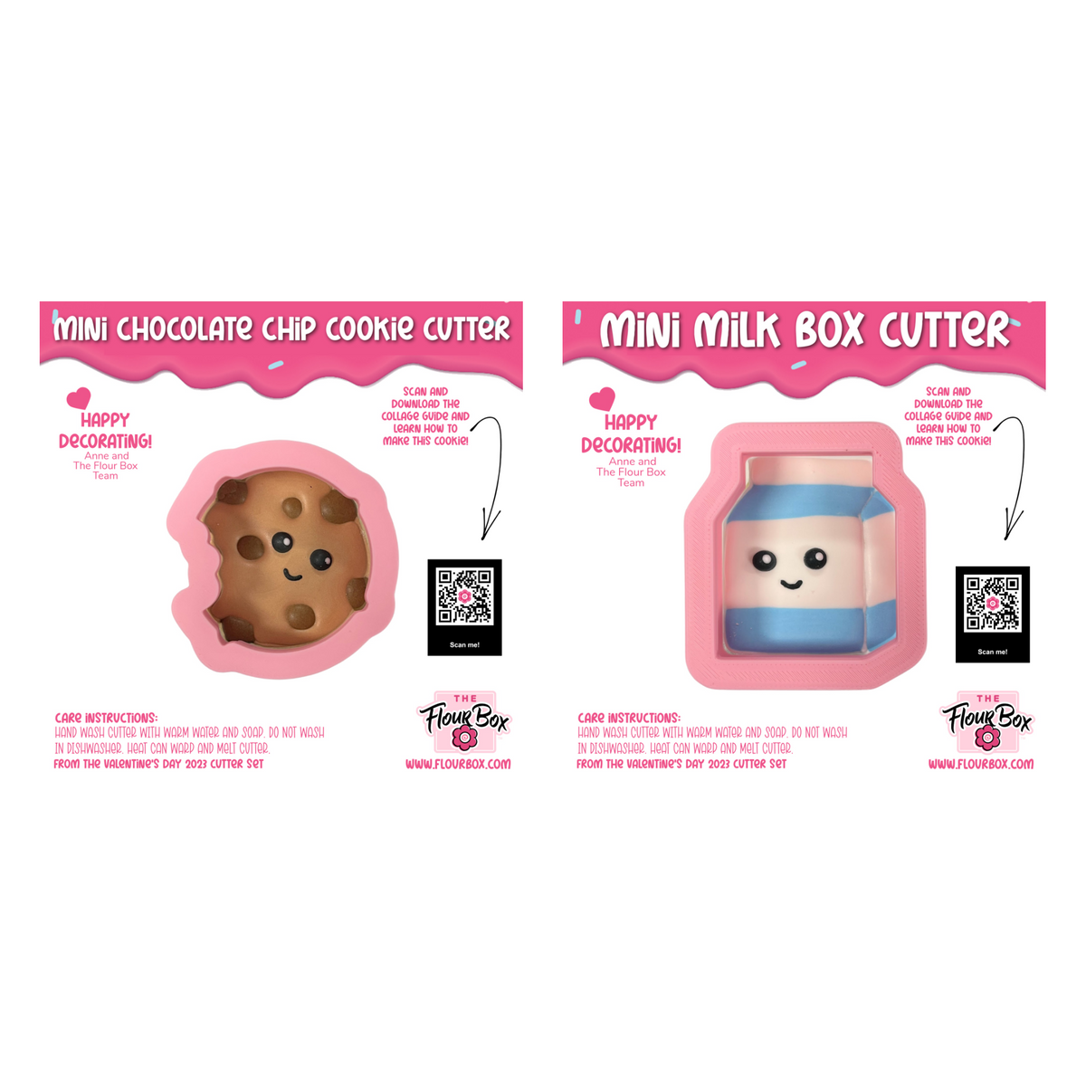Pink silicone cookie cutters bundle shaped like chocolate chip cookie and milk carton with cute cartoon faces