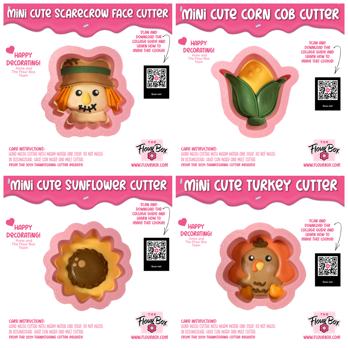 Mini cute thanksgiving cookie cutter featuring a scarecrow face with orange yarn hair stitched mouth and straw hat