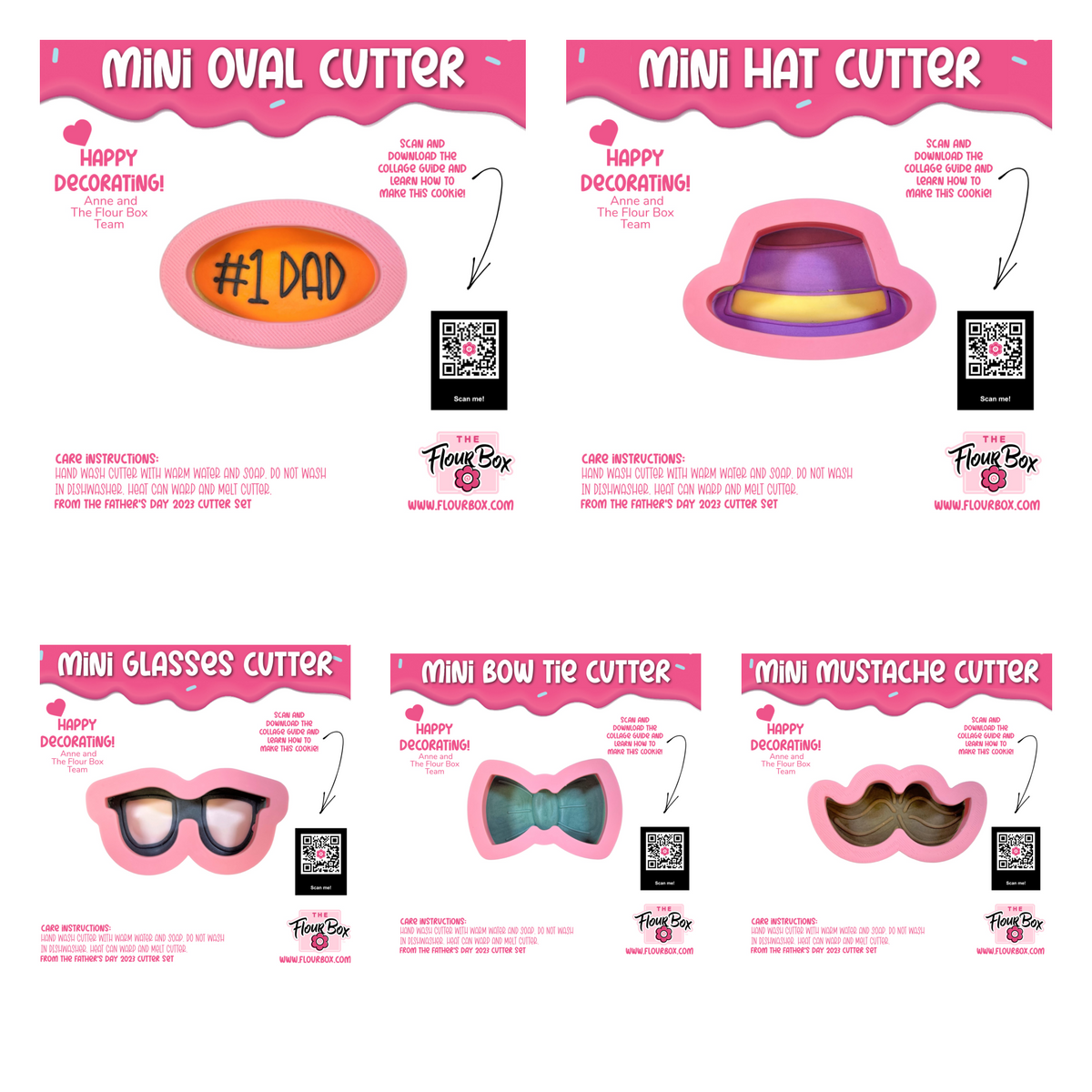Pink plastic mini dapper dad cookie cutter bundle featuring oval hat glasses bow tie and mustache shapes