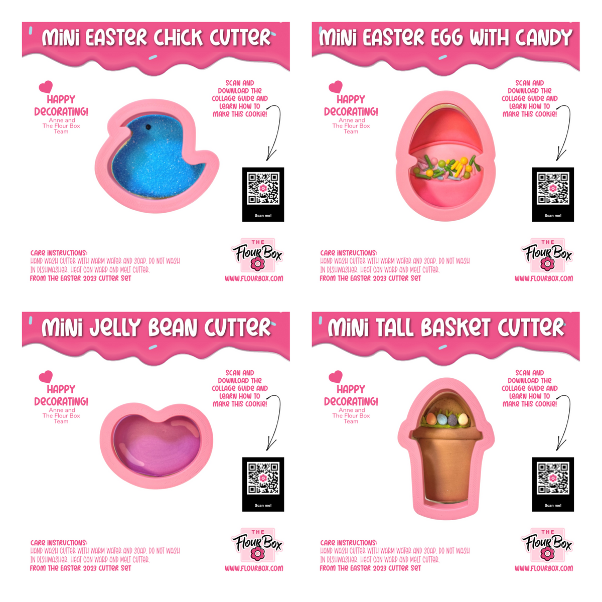 Pink silicone mini easter candy cookie cutter bundle featuring a blue chick egg heart jelly bean and basket designs