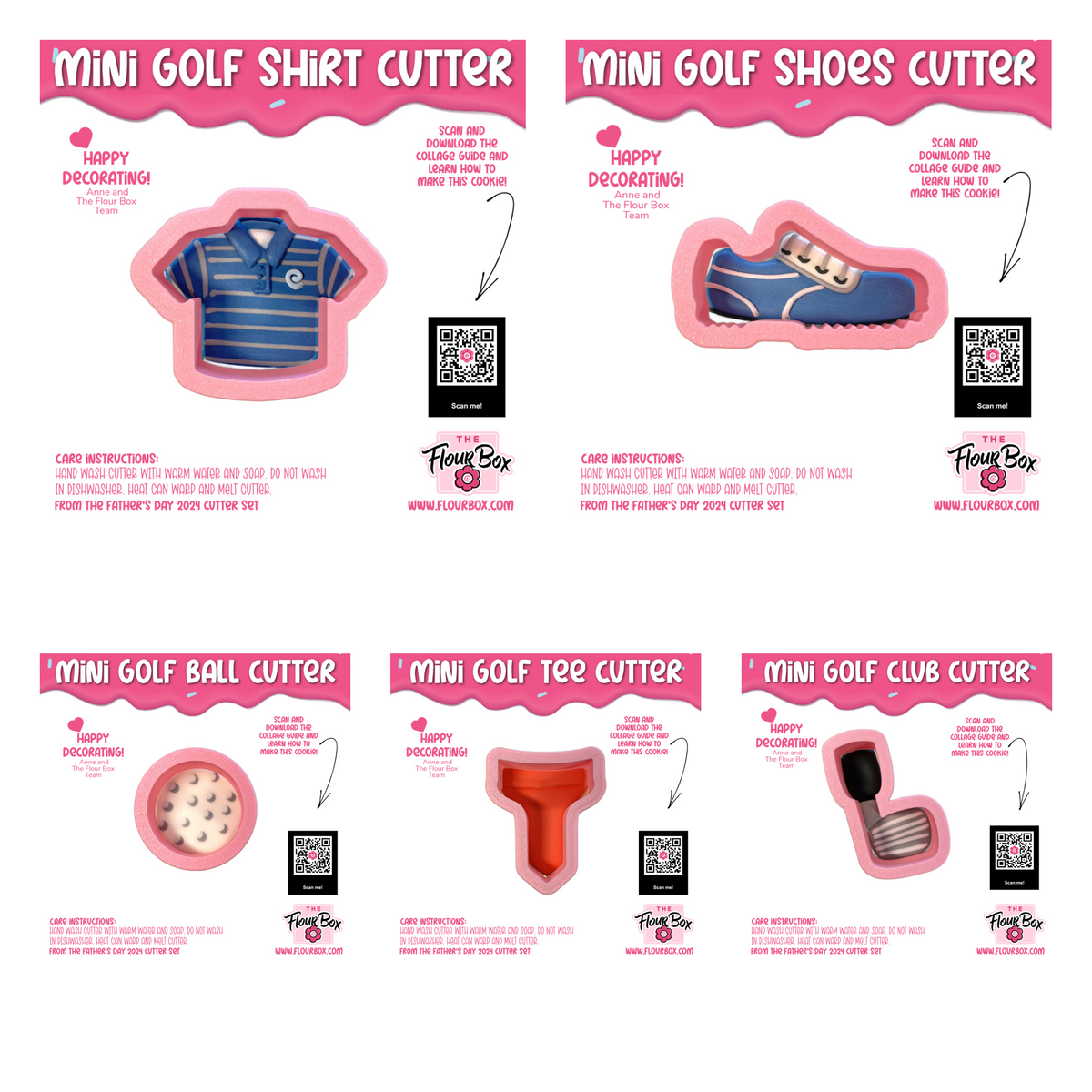 Pink silicone mini golf 2.0 cookie cutter mold shaped like a blue and white striped mini golf shirt