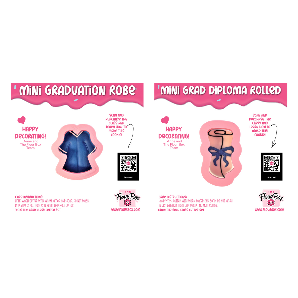 Blue mini graduation robe cookie cutter with pink border and white trim from mini grad cookie cutter bundle