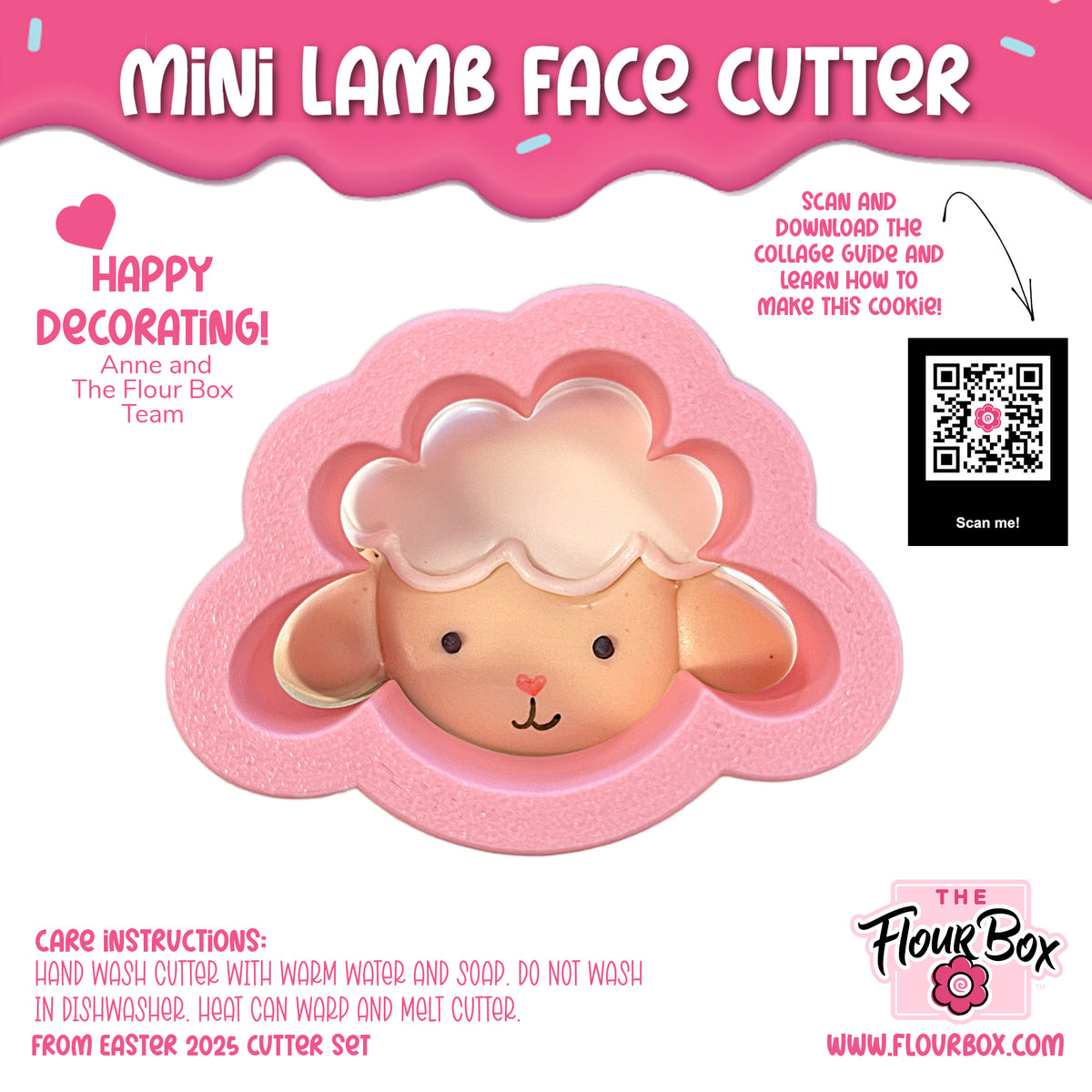 Pink silicone mini lamb face cookie cutter with soft fluffy white wool texture and cute facial features