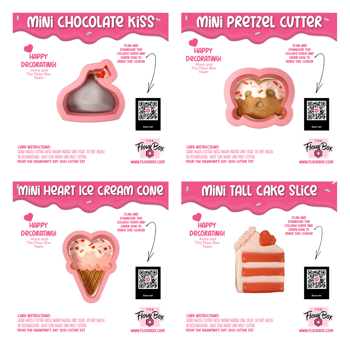 Mini valentine treats cookie cutter bundle with pink silicone molds shaped like chocolate kiss pretzel heart ice cream cone and cake slice