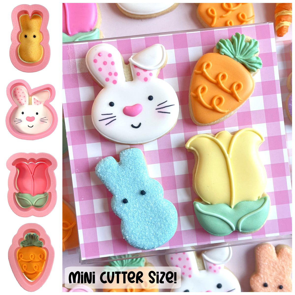Mini Easter cookie cutter bundle featuring pastel sugar cookies shaped like bunnies carrots and tulips with icing details