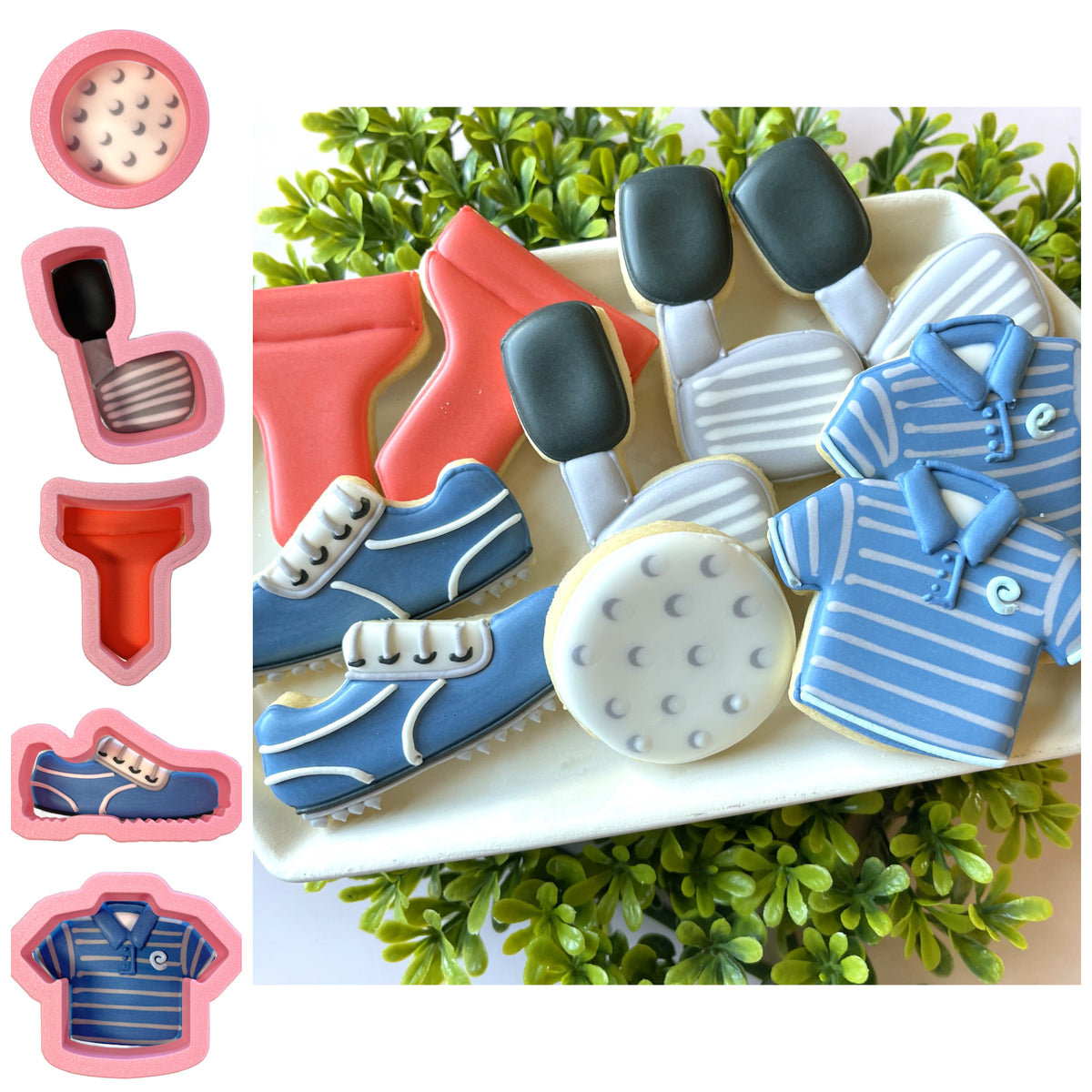 Blue and white striped polo shirt cookie with small chest logo from mini golf 2.0 cookie cutter bundle