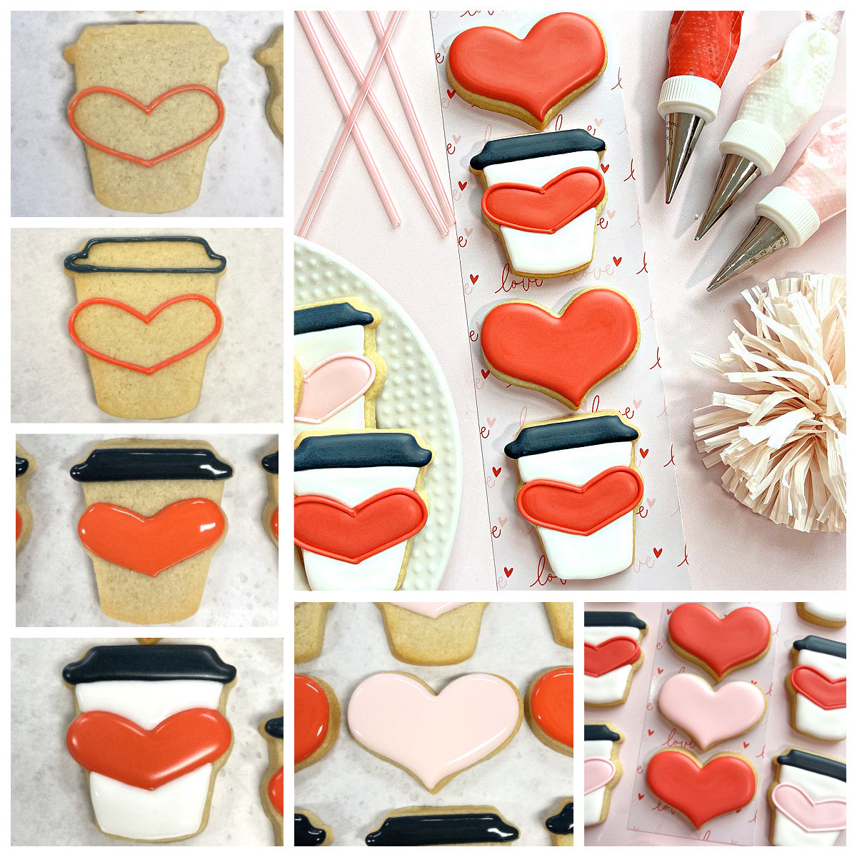 Mini latte with heart cookie cutter creating red heart-shaped cookies decorated with coffee cup icing designs
