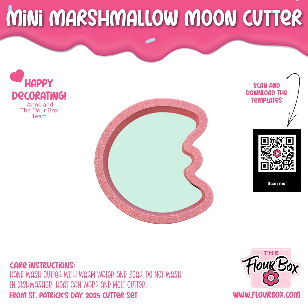 Mini marshmallow moon cookie cutter made of pink silicone with a light mint green interior for baking use