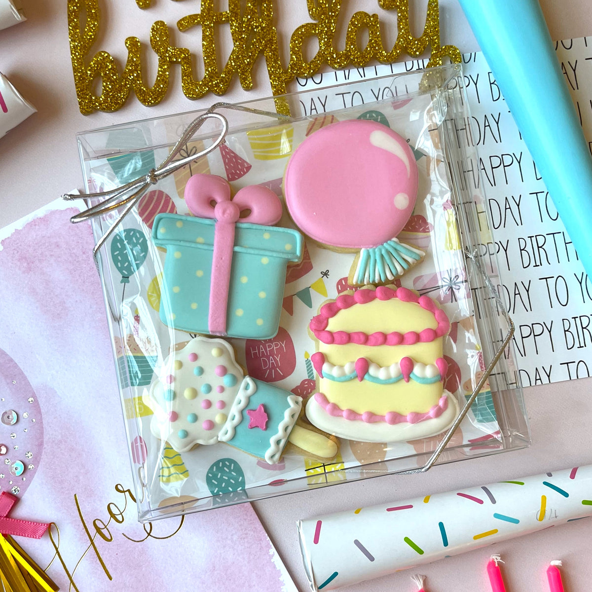 Mini birthday 4pc flour box club cookie cutter set with clear plastic gift box and colorful birthday-themed sugar cookies
