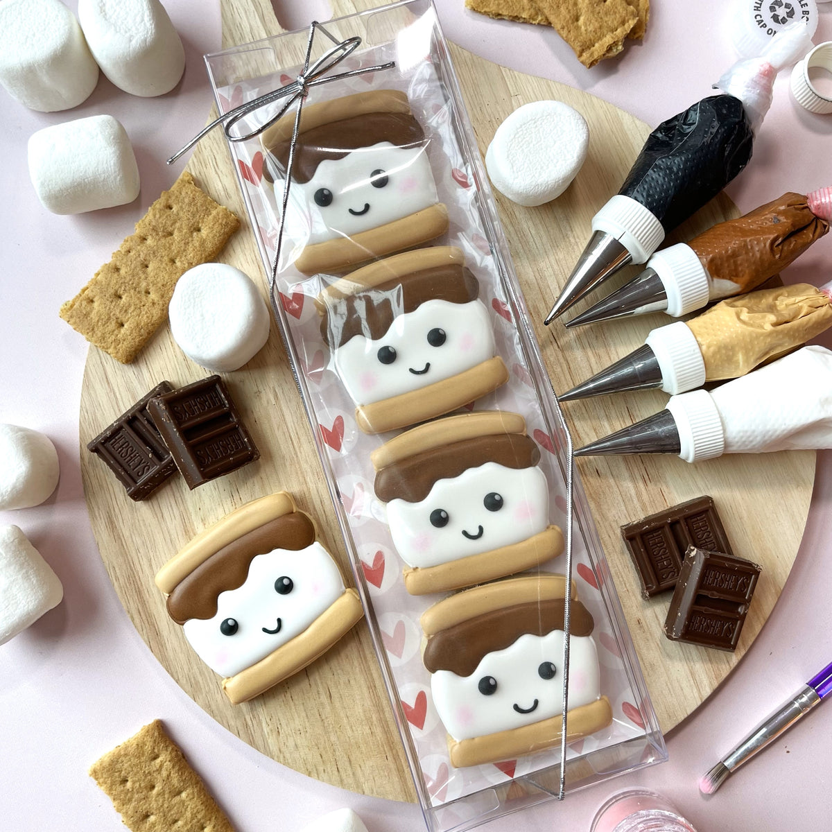 Mini s’more cookie cutter with cute white and brown s’mores-themed cookies with smiling faces in a clear gift box
