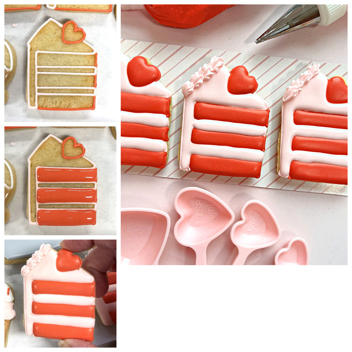 Mini tall cake slice cookie cutter with red and white striped house-shaped cookies decorated with hearts