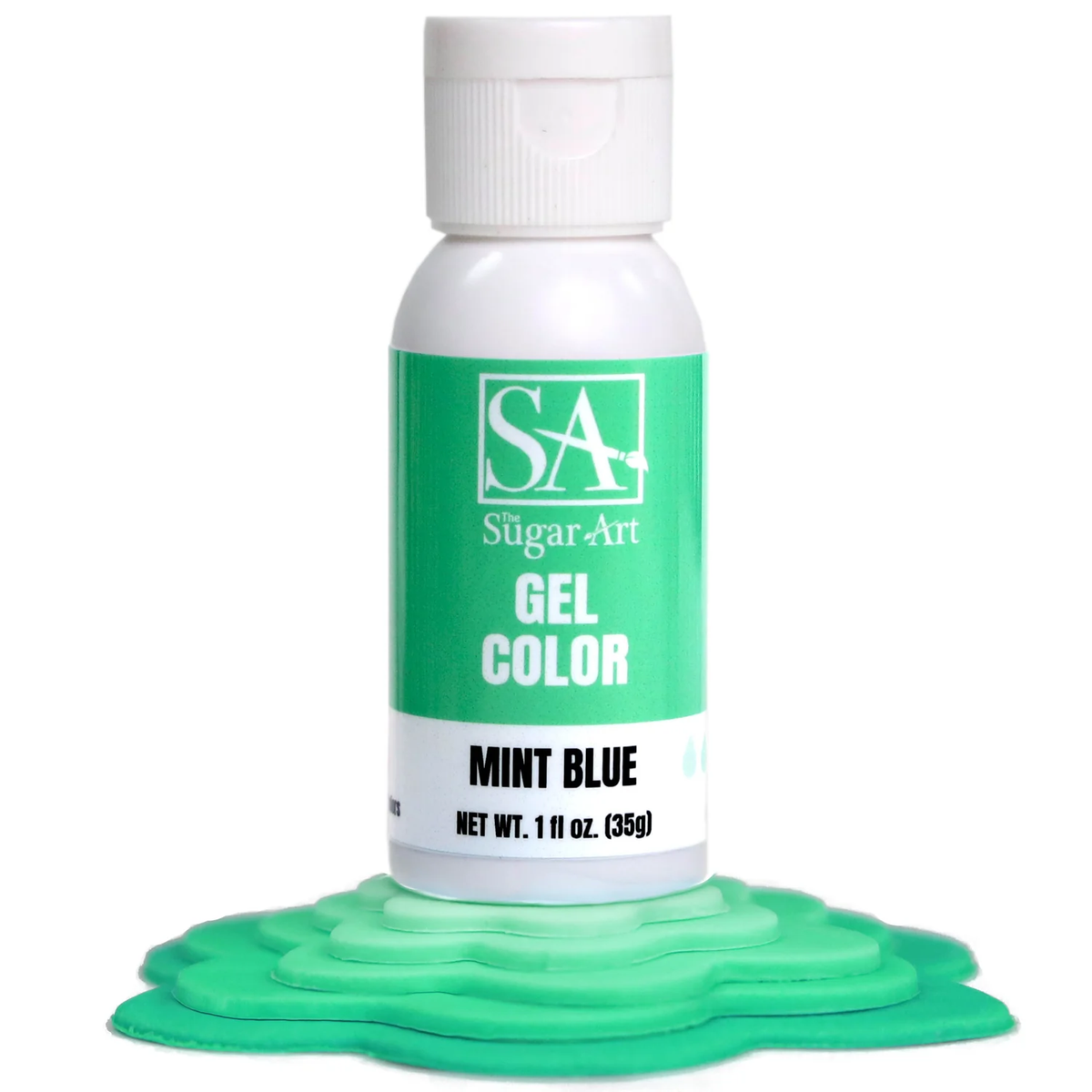 A small white bottle of Mint Blue The Sugar Art gel color with a green label and cap for sugar art coloring