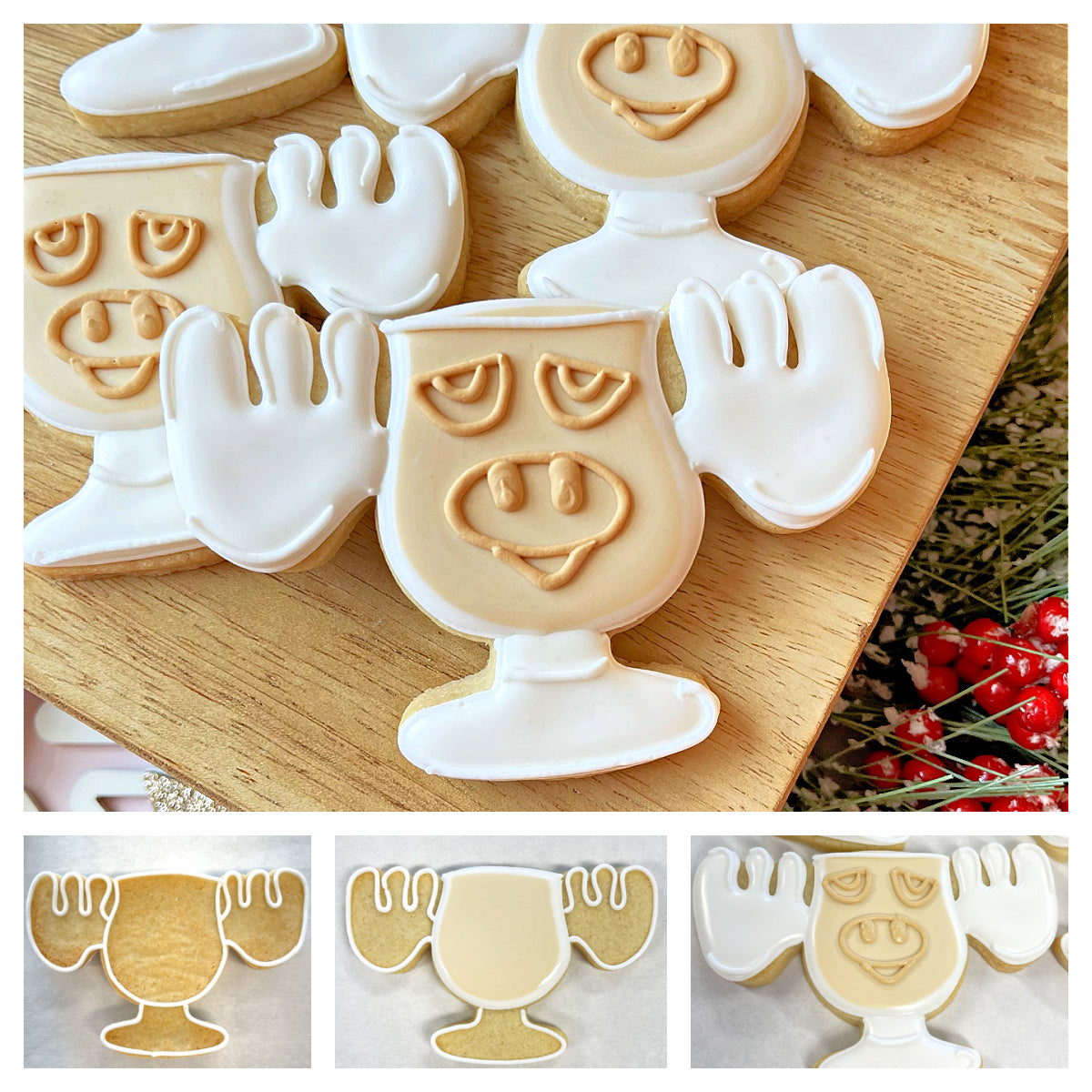 Delicate beige sugar cookie shaped like nightmare before christmas character with white icing outline using moose mug cookie cutter