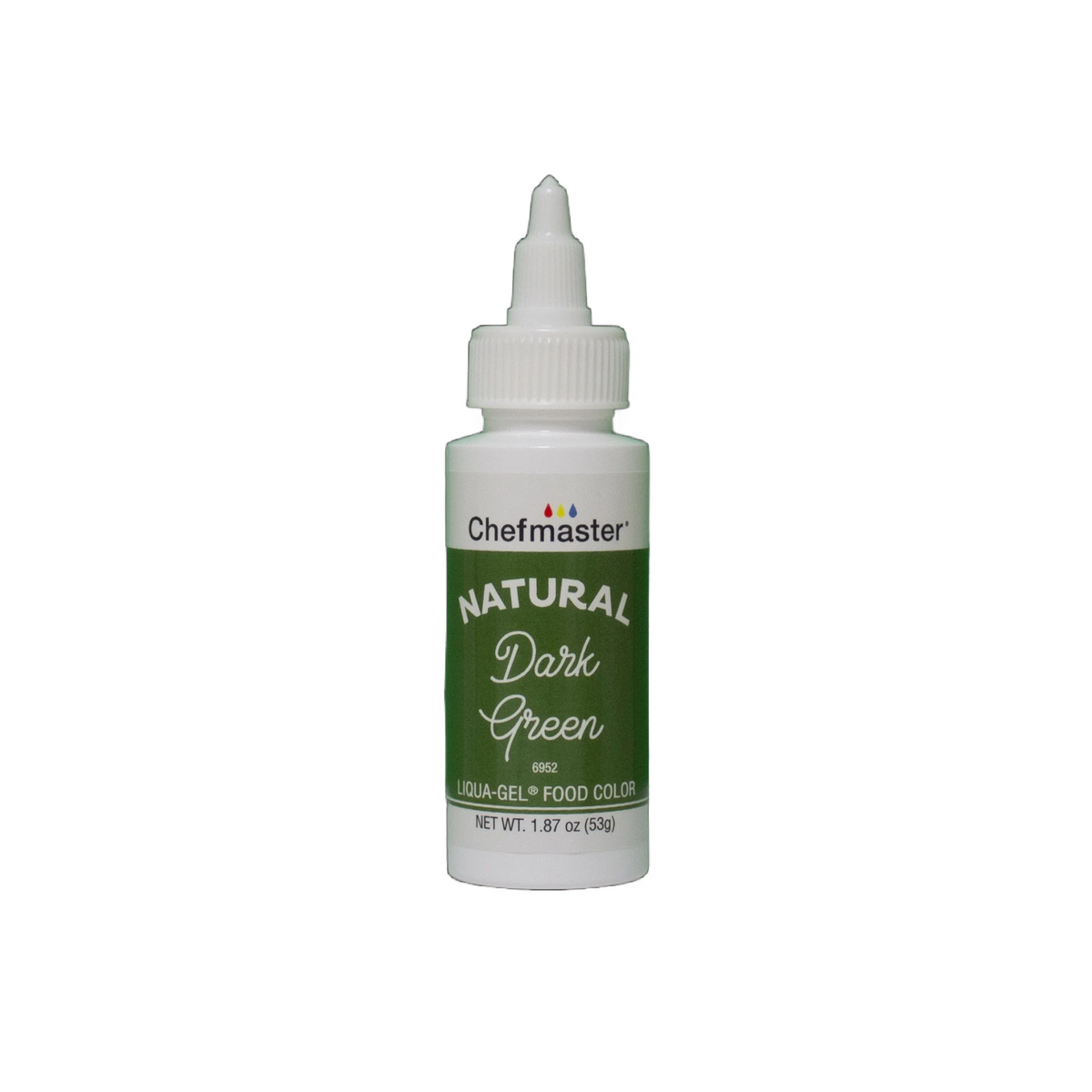 A white plastic bottle with a green label and white dropper cap containing chefmaster natural dark green liqua-gel food color