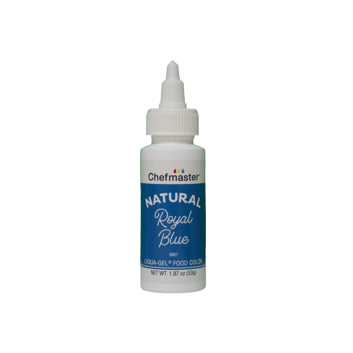 A white plastic bottle with blue label and dropper cap of chefmaster natural royal blue liqua-gel food color 1.87oz