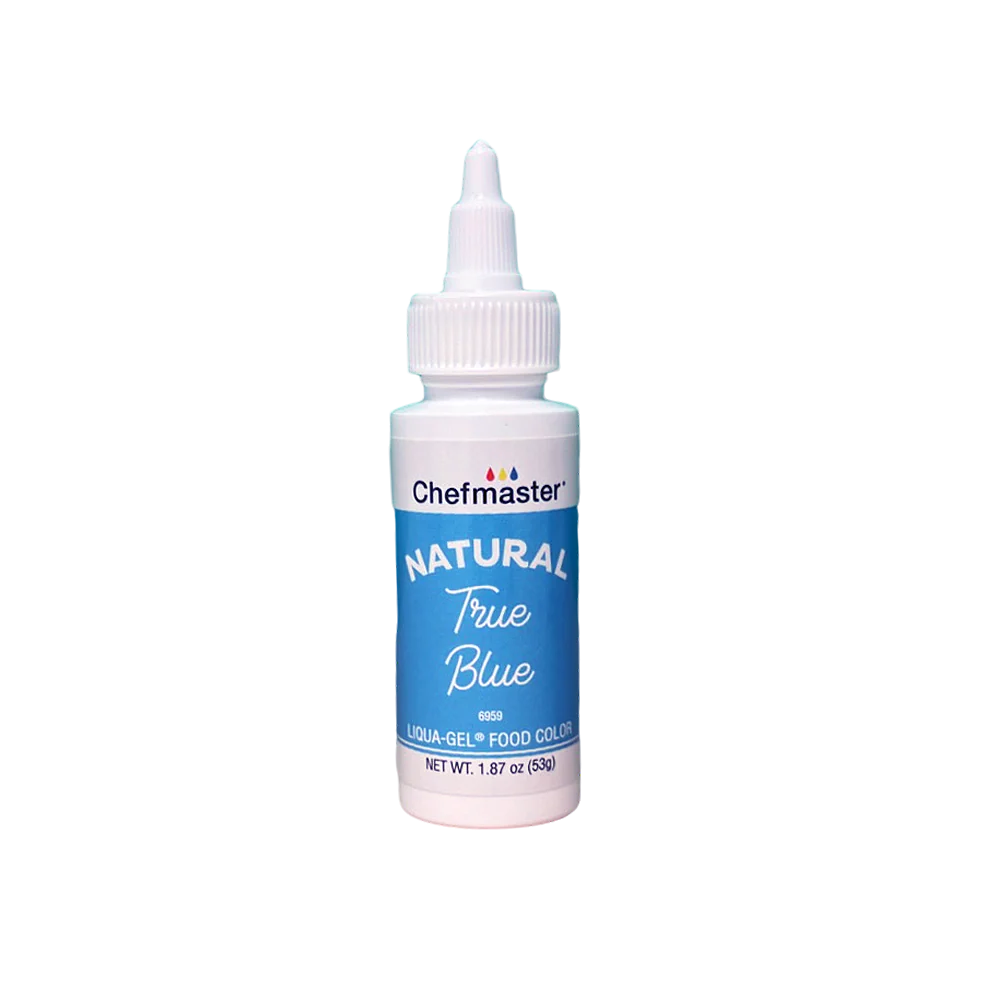 Natural true blue Chefmaster liqua-gel food coloring in a white 1.87oz bottle with blue label and dropper cap
