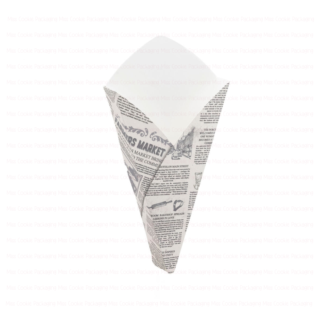 White paper cone with black newspaper print and illustrations for newsprint flower bouquet cookie box qty 10