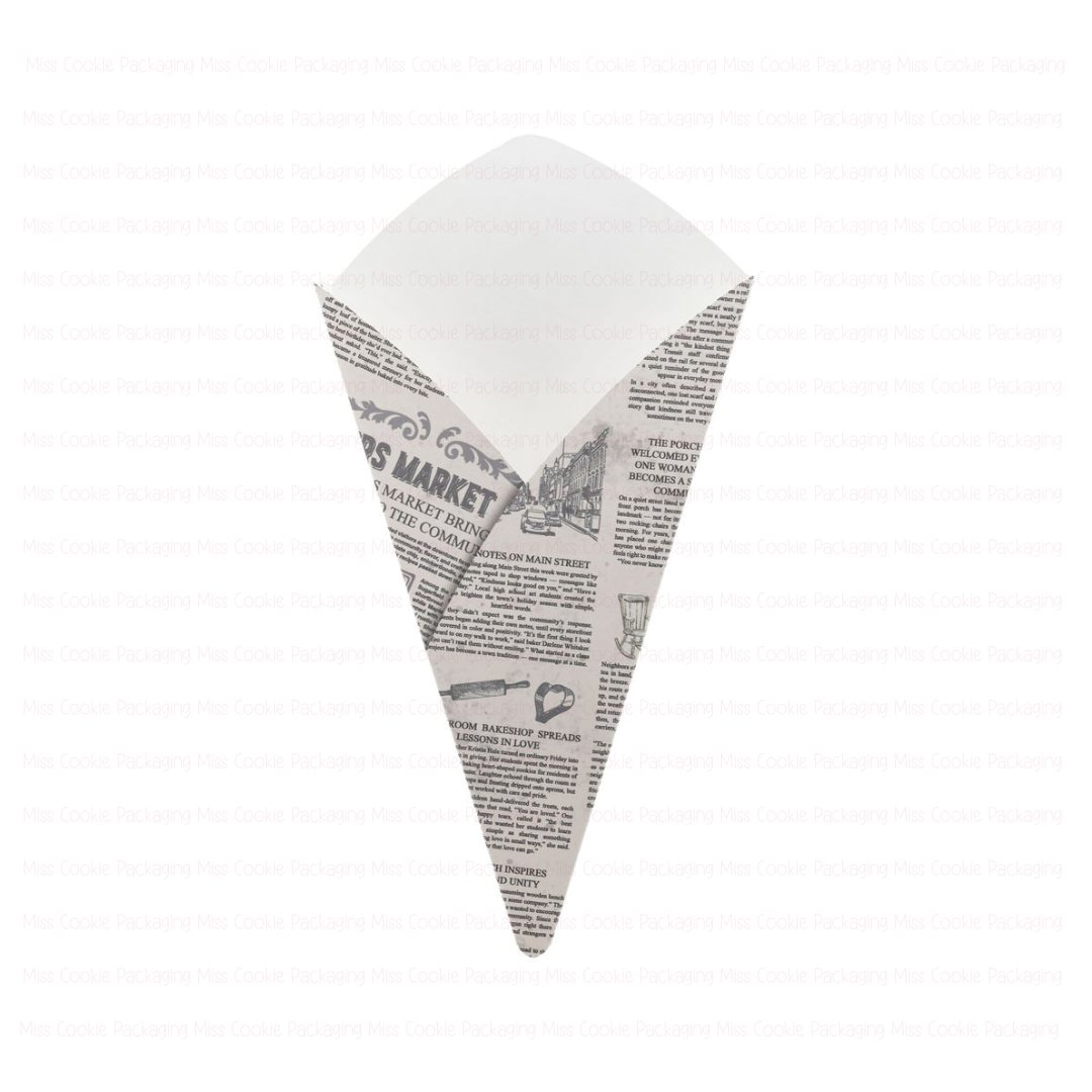 A white paper cone with printed newspaper text and illustrations in a newsprint flower bouquet cookie box qty 10