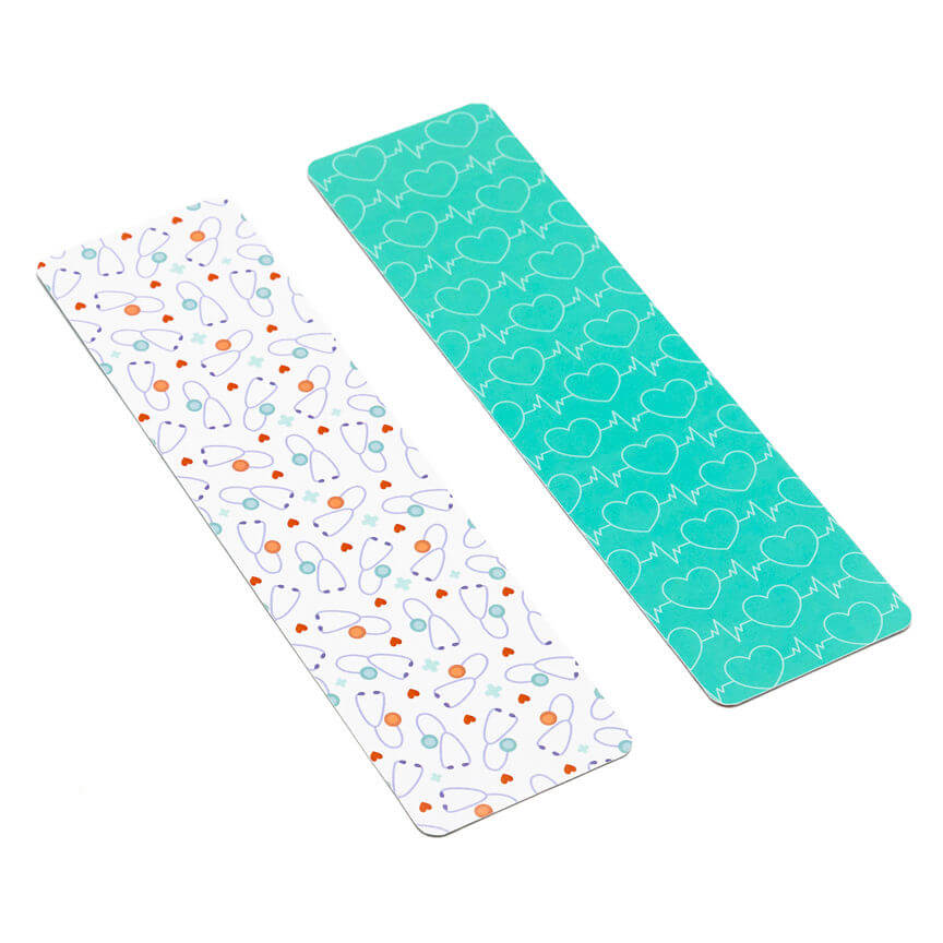 Two nurse stethoscope cookie bag backer cards in white with orange teal hearts and turquoise with heart outlines