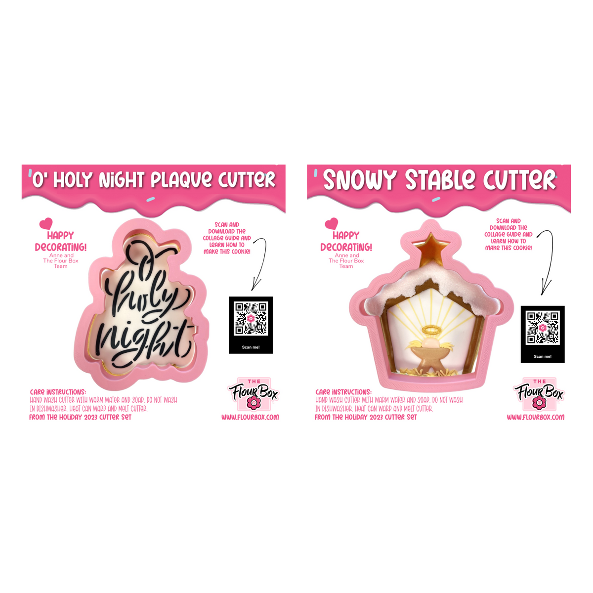 Pink silicone o holy night cookie cutter and stencil bundle shaped like a snowy stable with golden star