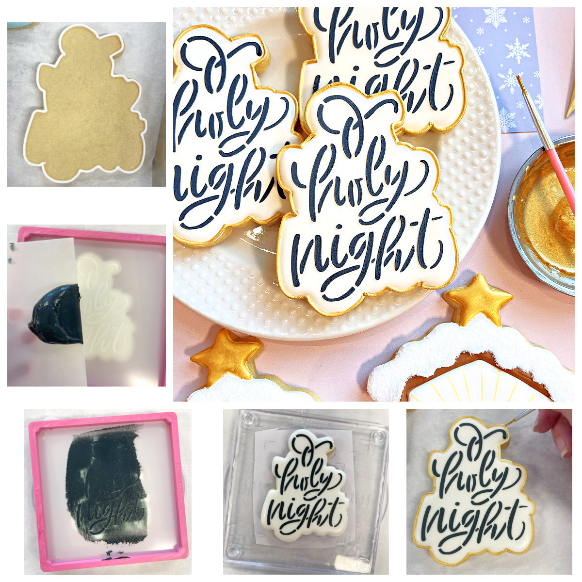 White sugar cookies shaped like christmas trees with holy night in black icing outlined in gold made using o holy night plaque cookie cutter with stencil