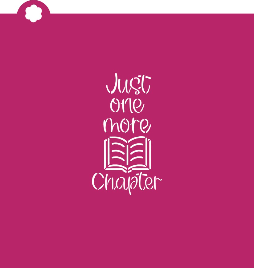 Bookish cookie cutter bundle with stencil featuring white cursive just one more chapter text and open book icon on magenta background