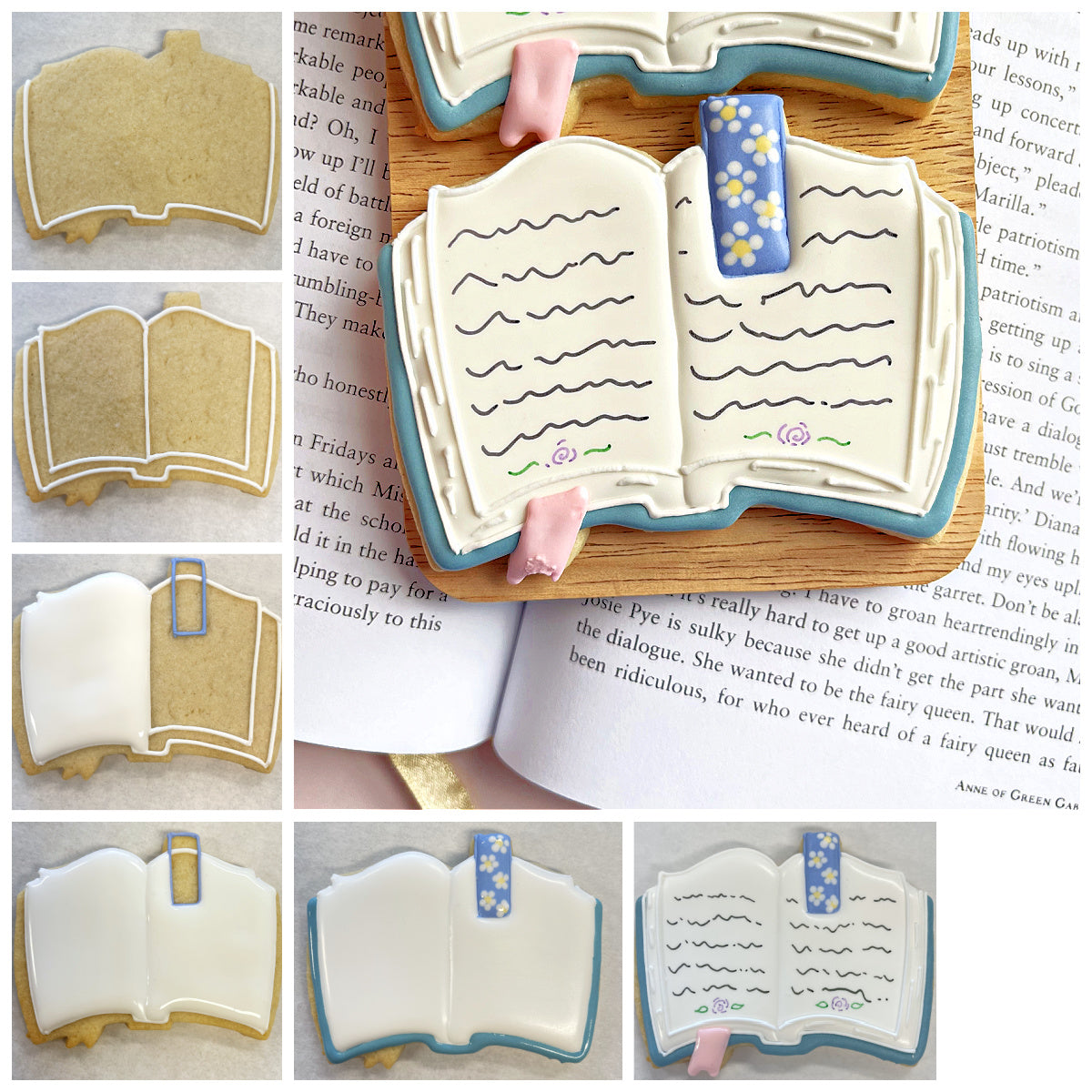 Open book-shaped cookie decorated with white icing pages blue border and pink floral bookmark from bookish cookie cutter bundle with stencil