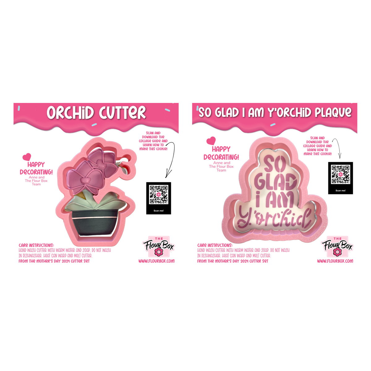 Pink silicone orchid cookie cutter with stencil next to black pot and green leaves for baking and decorating